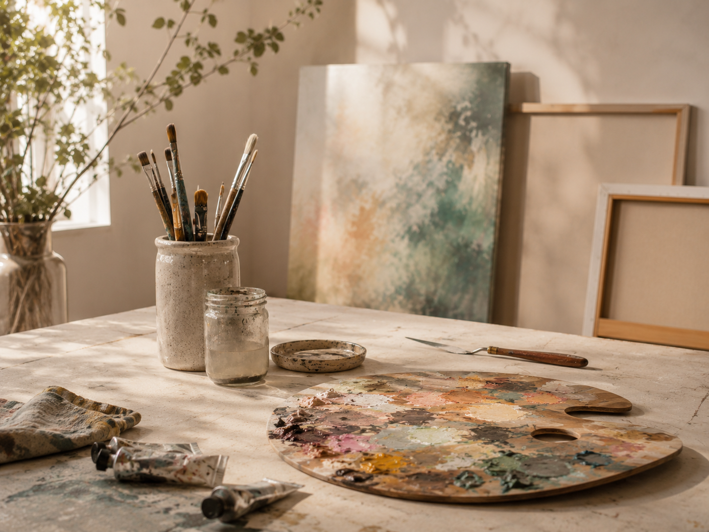 Painter's palette and brushes on the studio table with a canvas in the background