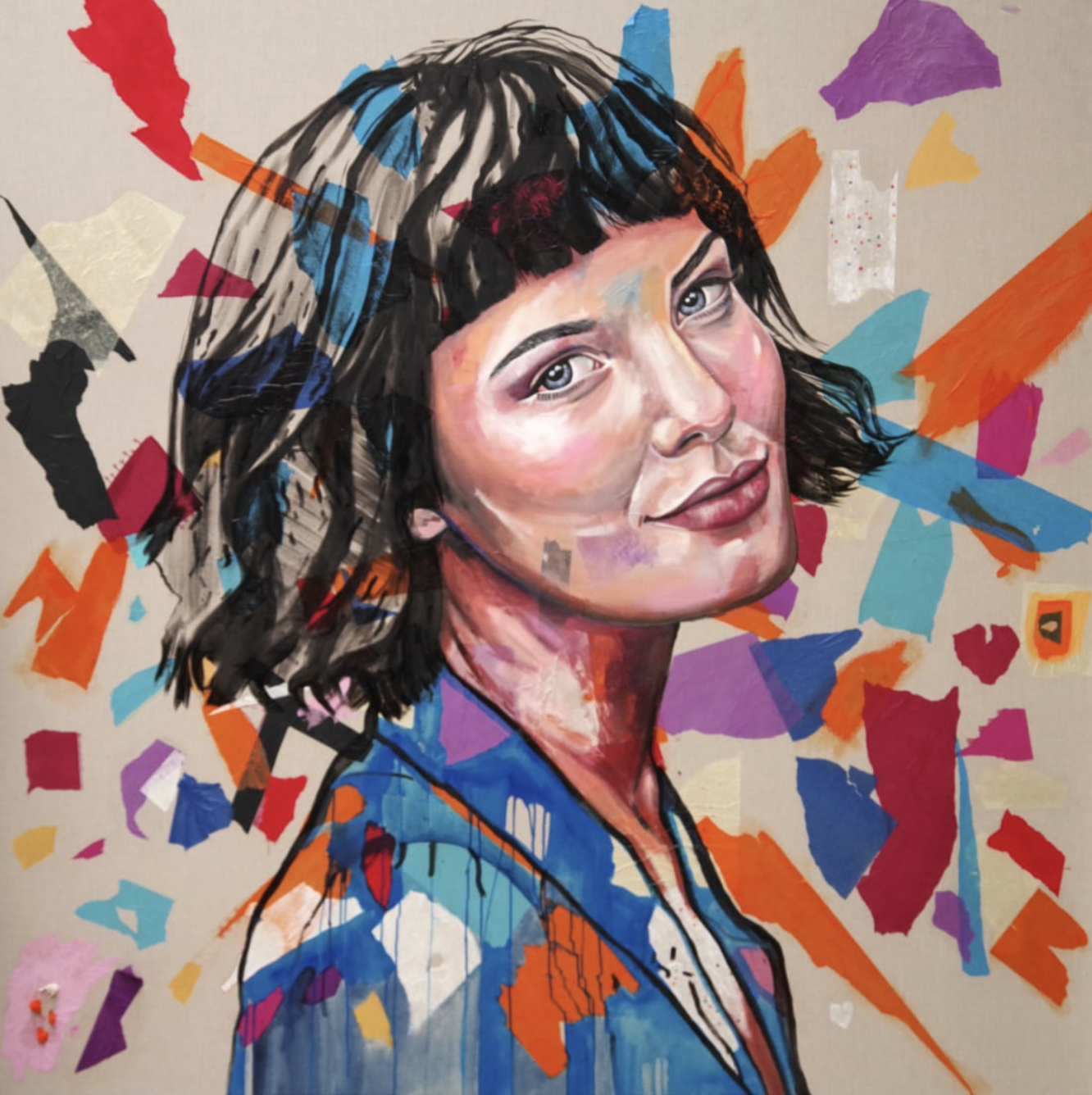 Portrait commission — woman with collage background