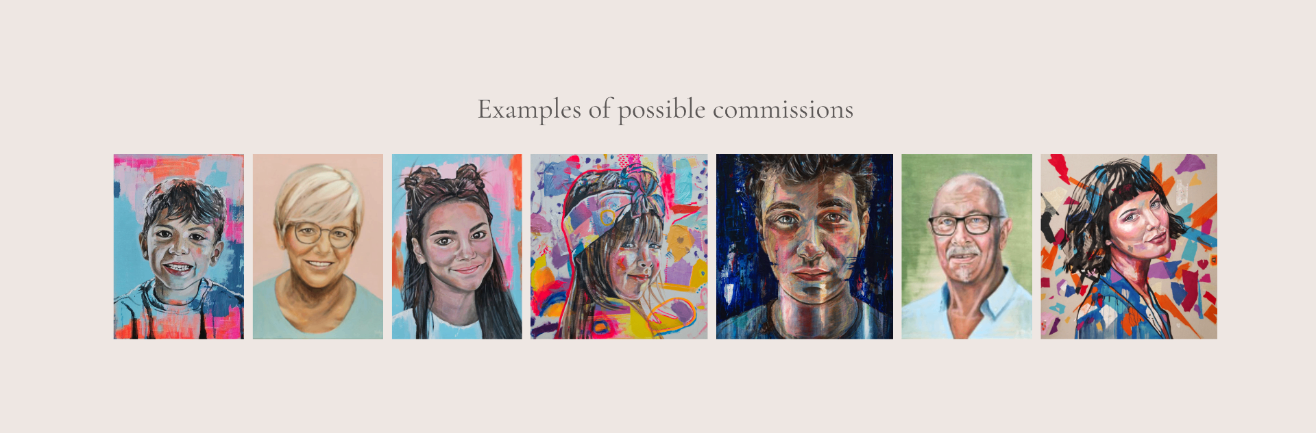Row of previous portrait commissions by Nicky Myny