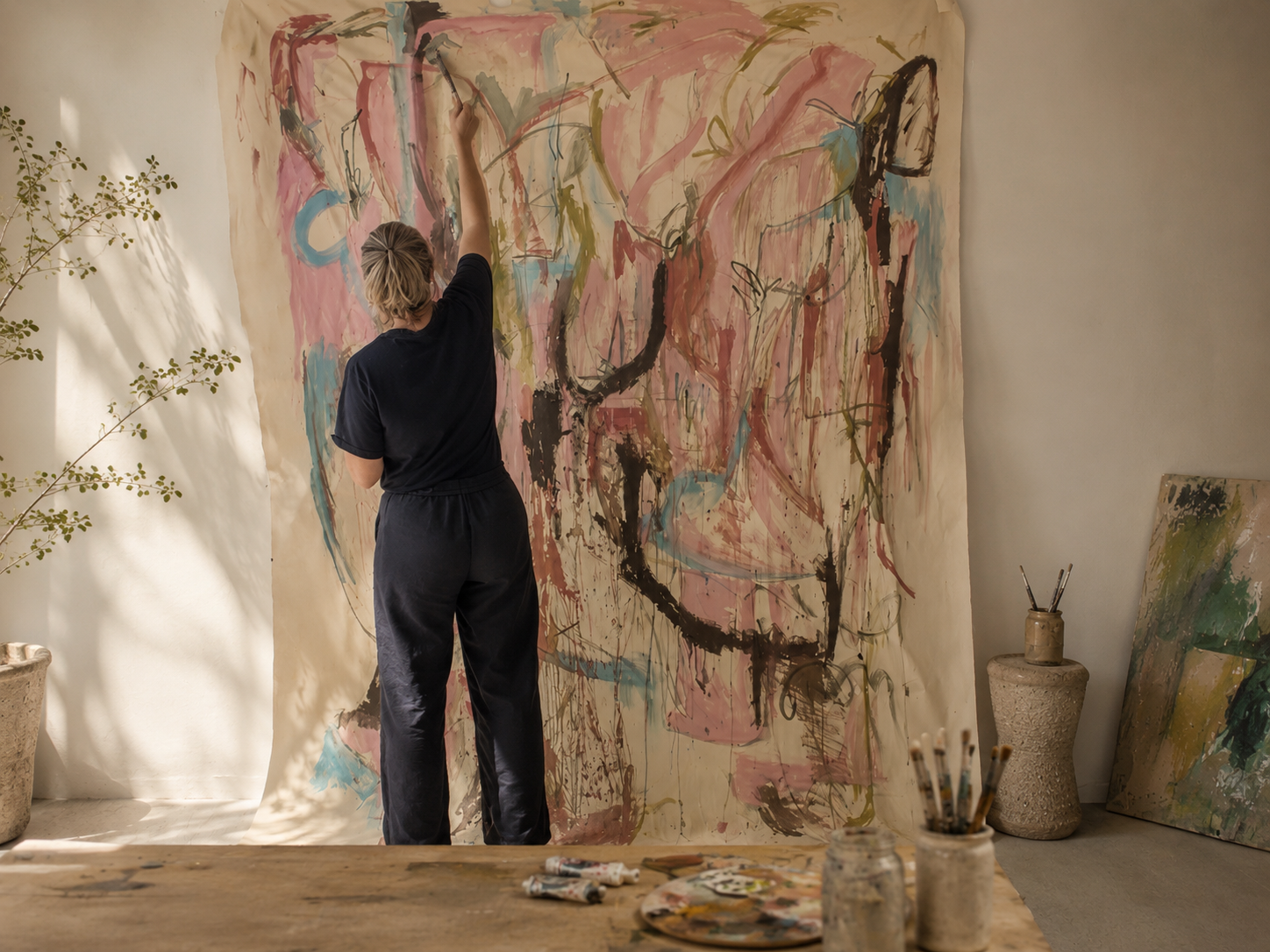 Nicky Myny painting on a large canvas in the studio