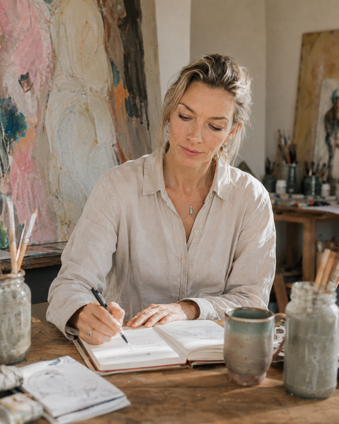 Artist sketching in a notebook at a wooden studio table surrounded by paintings and brushes