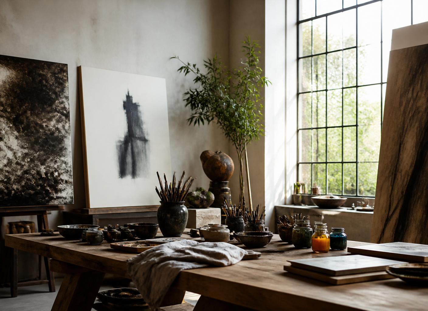 Studio table with brushes and pigments